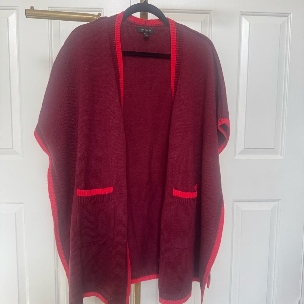 Ann Taylor Burgundy Poncho with Red Trim